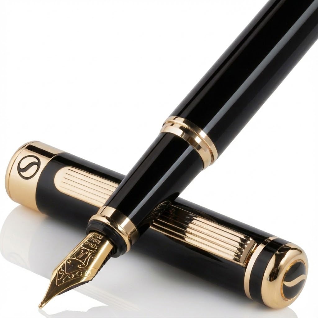 Scriveiner Black Lacquer Fountain Pen - Stunning Luxury Pen, Real Gold Plating, Schmidt Gilded Nib (Medium), Best Pen Gift Set for Men & Women, Professional, Executive, Office, Nice Pens