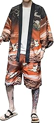 Ambcol Men's Japanese Style Kimono Tops Shorts Sets