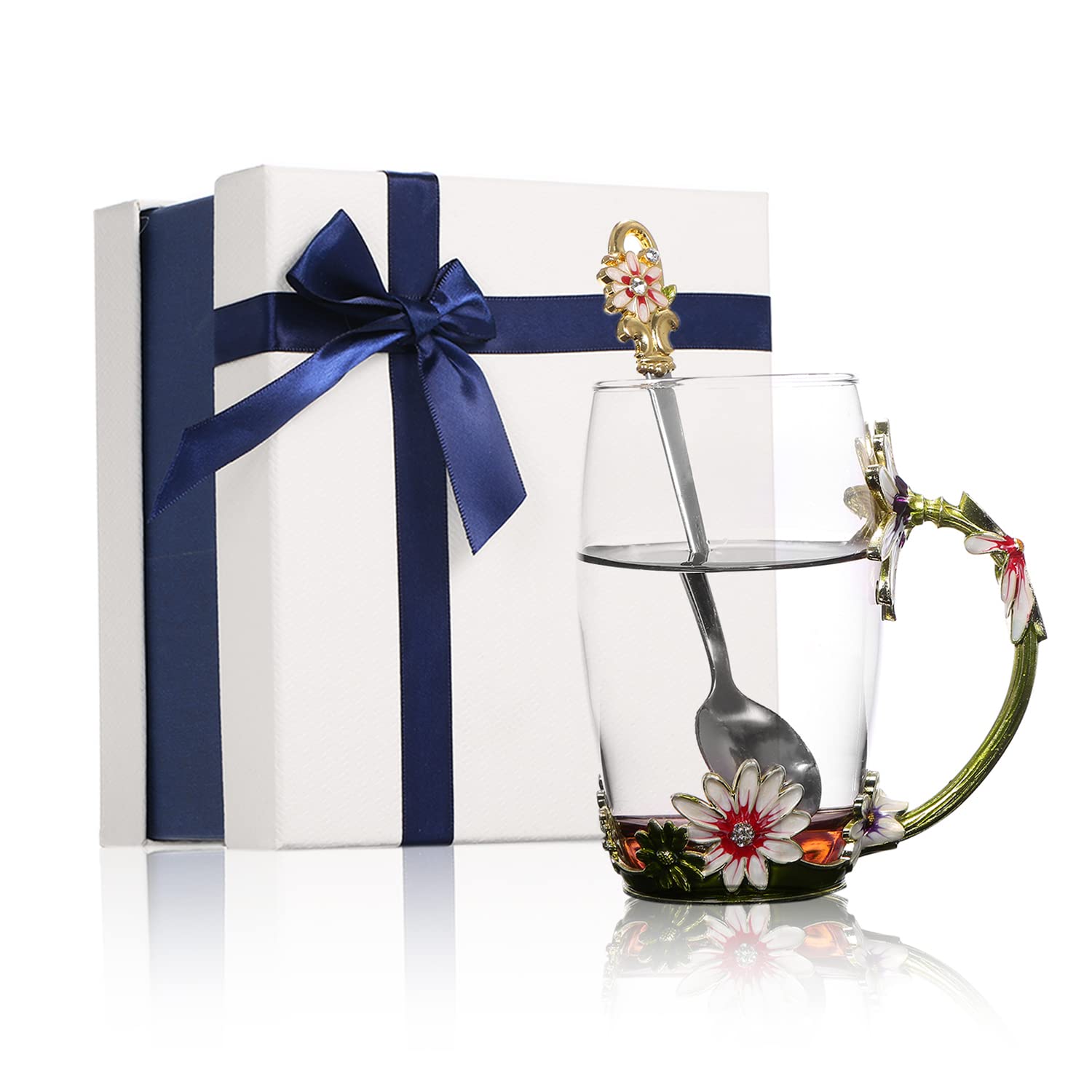 Aoresac 350ML Enamel Flower Tea Cup Glass Mug with Spoon and Cleaning Cloth Set (Green)