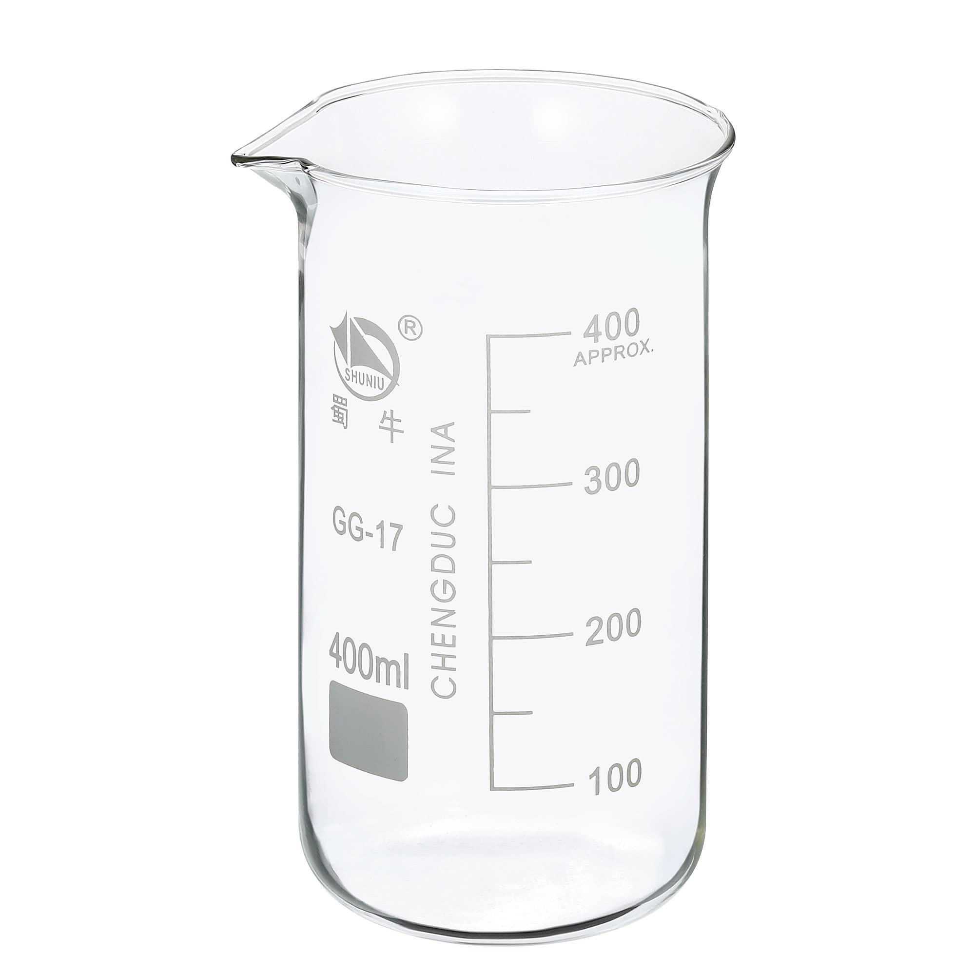PATIKIL 400ml Tall Form Glass Beaker, 3.3 Borosilicate Glass Graduated Printed Scale Measuring Cups with Spout for Kitchen Lab Liquids Transit Boiling