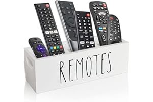 CHONIC Remote Control Holder, Farmhouse Remote Storage Caddy, Bedside TV Controller Box, Rustic Wood Media Organizer Tray for Home Bedroom Table (White)