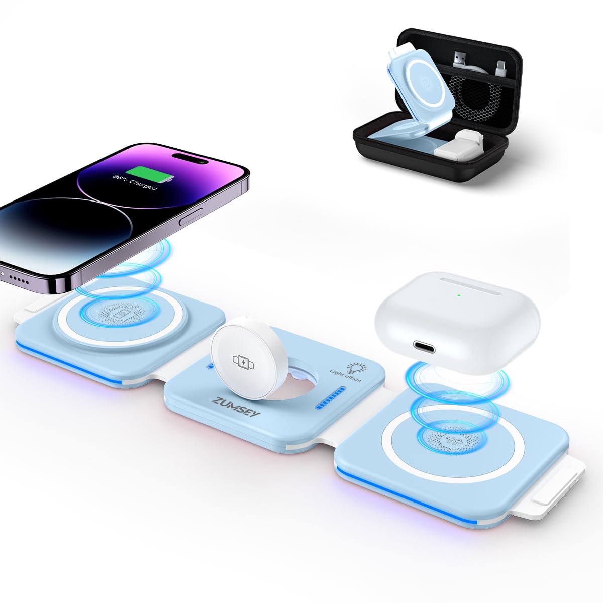 ZUMSEY 3 in 1 Wireless Charging Station for Apple, Wireless Charger for iPhone 17 Pro Max/16/15/14/13/12, Travel Wireless Charger for Apple Watch Ultra 3/11/10/9/Ultra 2/Ultra, for AirPods Pro 3/4/3/2