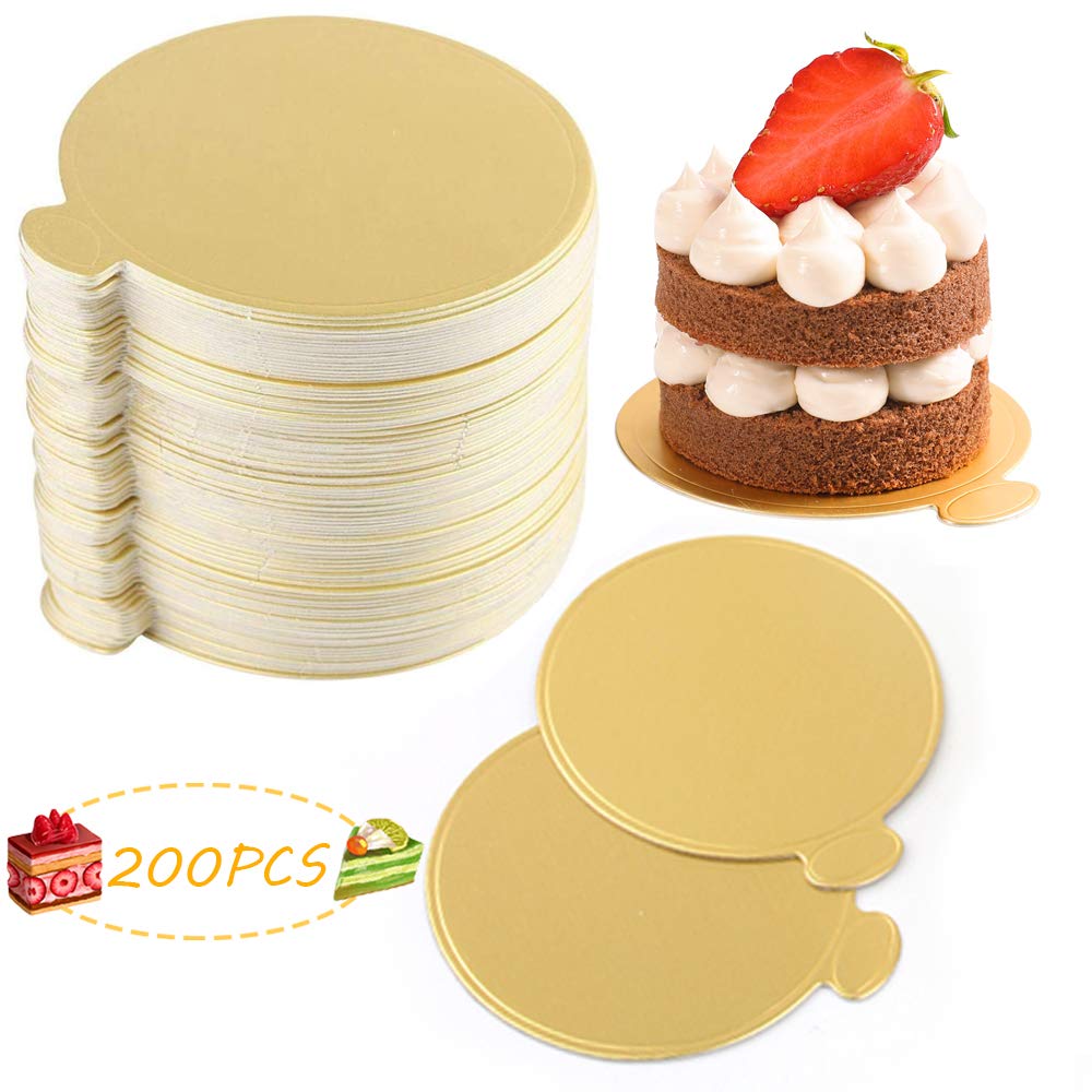 X-BLTU 200PCS Mousse Cake Boards, Reusable Gold Mini Cake Dessert Display Tray, Cake Drum Cardboard Cake Base Paper Plates Dessert Base for Wedding Birthday (8x9cm/ Small Round)