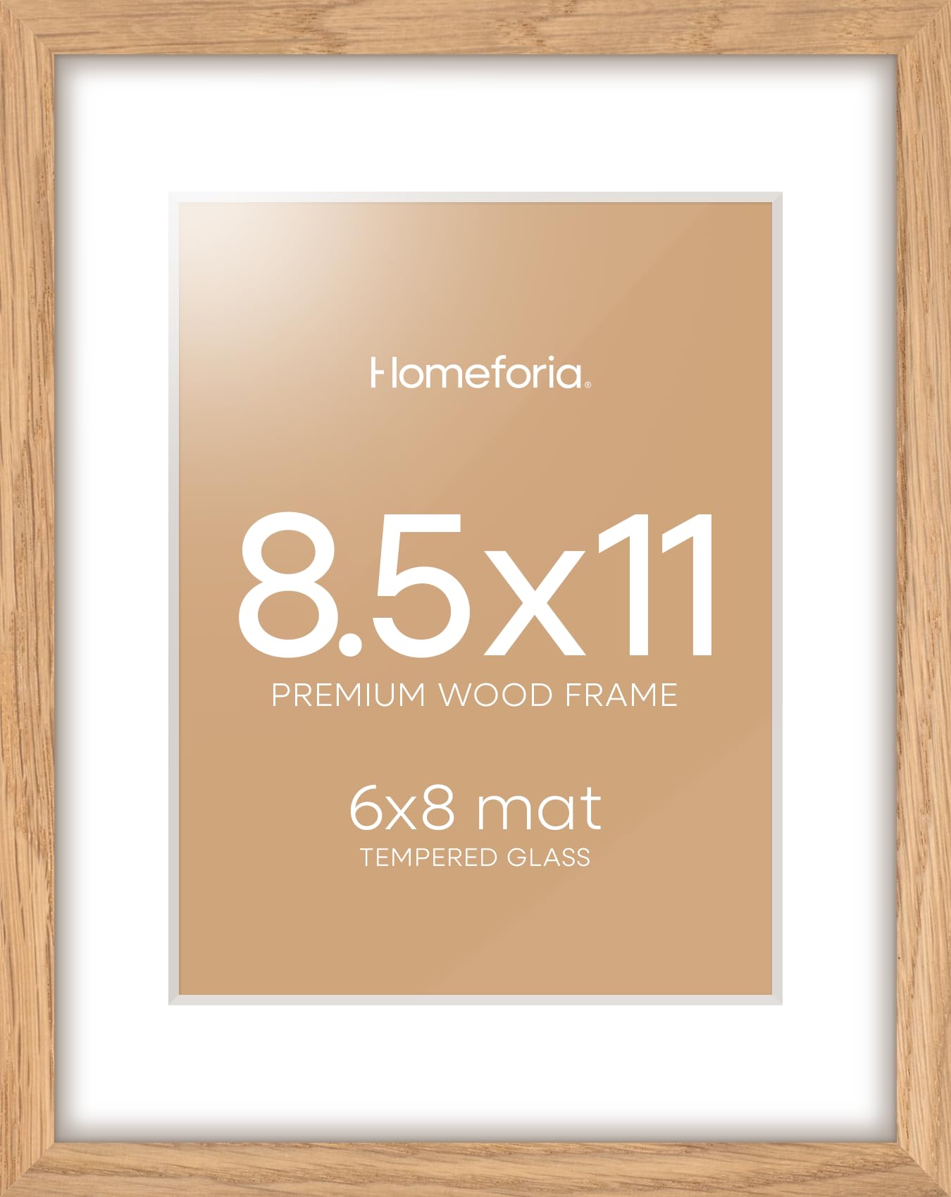 Photo 1 of Homeforia 8.5 by 11 Picture Frame Wood, High End Natural Oak 8.5x11 Light Wooden Frames with Mat 6x8 inch Photo, 8.5 x 11 Wall or Tabletop Frame Matted to 6 x 8 Art, Tempered Glass, Wall Kit, Set of 1