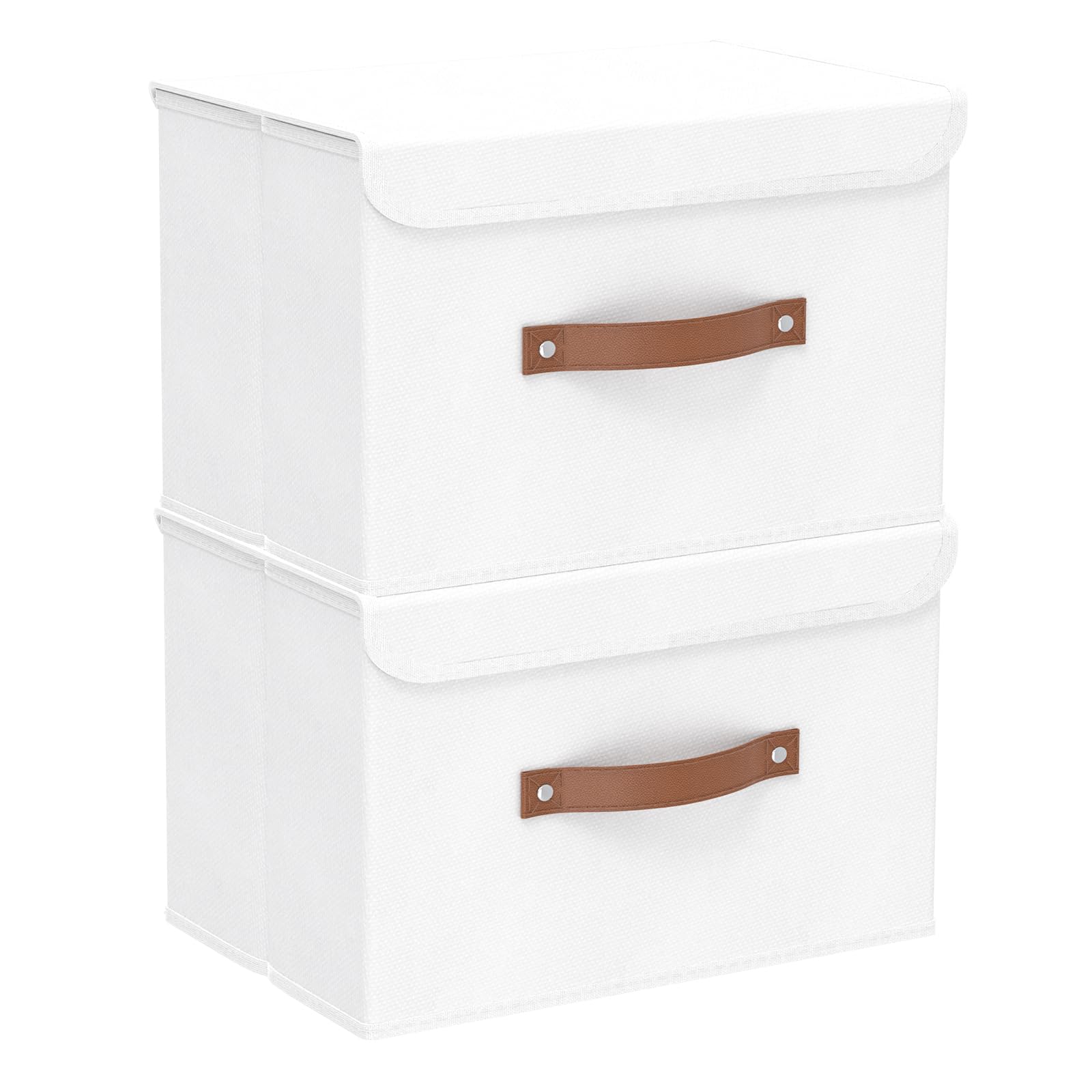Yawinhe Collapsible Storage Box, Fabric Bin with Lids 2 Pack, Closet Baskets with Handle, for Organizing Clothes, 38x25x25cm, White, SNK018WL-2