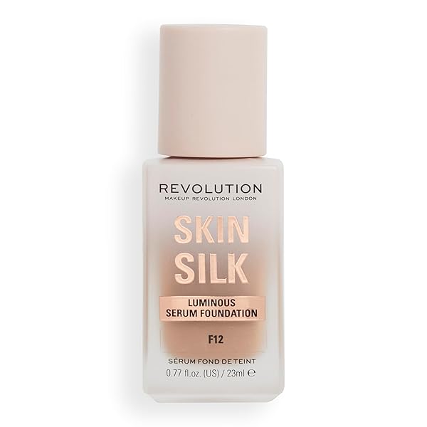 REVOLUTION SKIN SILK RADIANT SATIN SERUM FOUNDATION, BUILDABLE COVERAGE WITH HYDRATING HYALURONIC ACID FOR A NATURAL FINISH, VEGAN & CRUELTY-FREE, F12C TAN SKIN TONES, 0.77 FL OZ