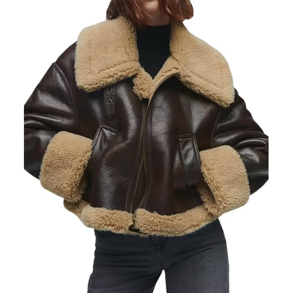 Glkaend Women's Faux Shearing Moto Bomber Jacket Sherpa-Lined Coat