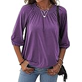 Axxnism 3/4 Sleeve Shirts for Women Loose Fit Pleated Crew Neck Trendy Tops Cute Casual Work Shirts