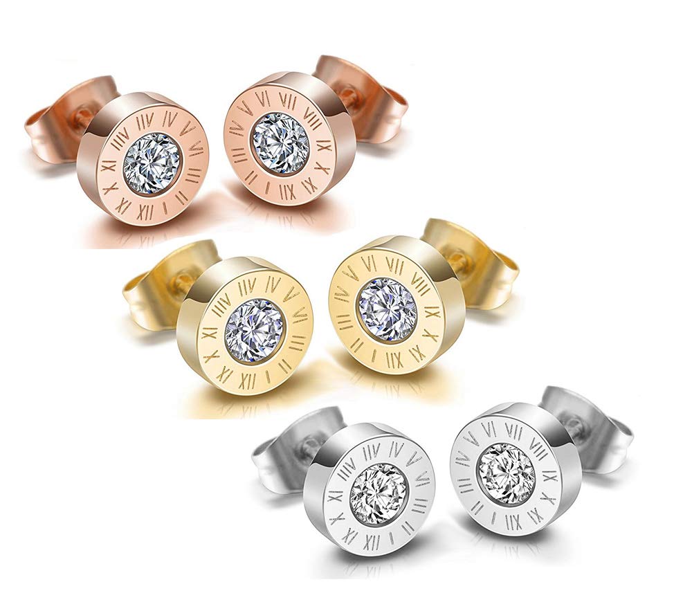 MixiuEuro Women Girls Elegant Simple Classic Round Earrings 3 Pairs 14k Rose Gold Plated Stainless Steel Cubic Zirconia Digital Bezel Stud Earrings Minimalist Style Nickel Free