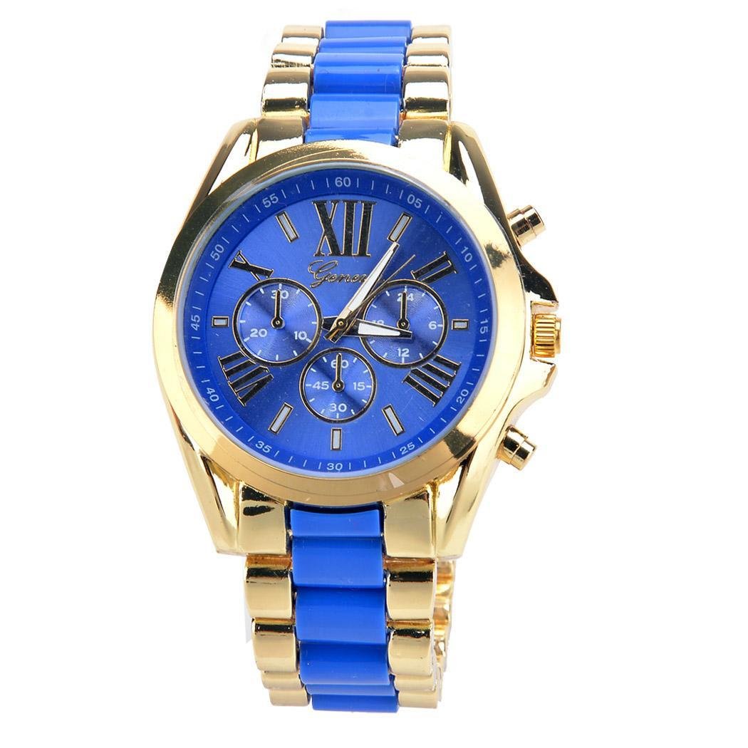 Cnlinkco Quartz Full Steel Watch Luxury Watches Casual Wrist Watch Gold Dial Alloy Watch for Men and Women (Blue)