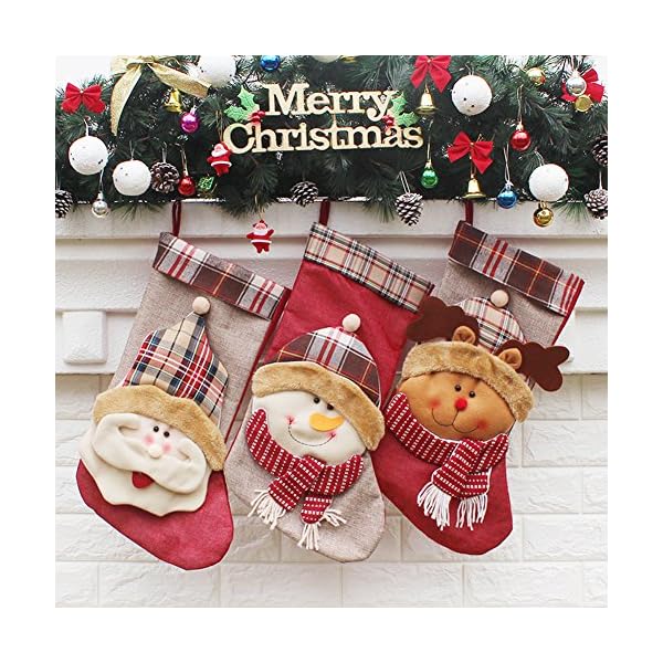 YAMUDA 3 Pcs New Year Christmas Stockings Socks Plaid Santa Claus Candy Gift Bag Xmas Tree Hanging Ornament Decoration - Image 4