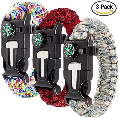 Paracord Bracelet Kit Set of 3 for Outdoor Survival, maxin 9 INCH Survival Gear Kit with Embedded Compass, Fire Starter, Emergency Knife &amp; Whistle.( MIXED COLORS ）