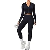 OLCHEE Womens Workout Sets 2 Piece Seamless Yoga Outfits Long Sleeve Zipper Jacket High Waist Leggings Butt Lifting Gym Set