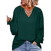 Eytino Womens Plus Size Tops Sexy V Neck Smocked Long Sleeve Casual Chiffon Blouse Flowy Work Shirts(1X-5X)