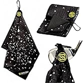 SKIVE Golf Premium Magnetic Golf Towel | Super Strong Magnet | Absorbent Microfiber Waffle Design | Built-in Silicone Brush | Golf Towels for Golf Bags (Black w/White Drip)