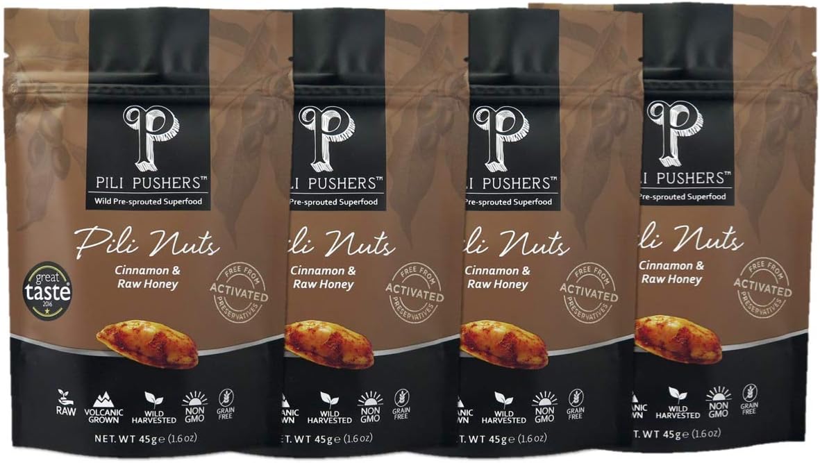 Pili Pushers Cinnamon And Raw Honey Pili Nuts 45g 1.59oz (Pack of 4) (Wild, Sprouted, Dehydrated)