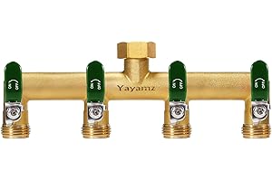 Yayamz Garden Hose Splitter, 3/4” Rust and Freeze Resistant Outdoor Hose Manifold with 4 green Extra Long Handles Faucet Adapter-Heavy Duty Brass 4-Way Valve
