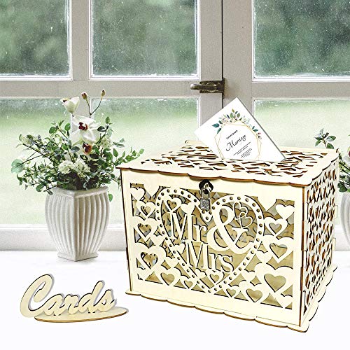 Angela&Alex Wedding Card Box, DIY Gift Card Boxes with Lock and Card Sign Wooden Hollow Wedding Money Box Holder for Reception Weddings Baby Showers Birthdays Graduations Party Decorations