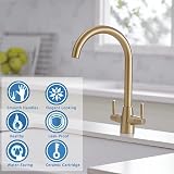 Heable Kitchen Mixer Tap Dual Lever Brushed Gold with UK Fittings view 2
