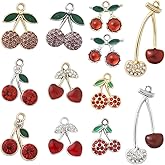 SUNNYCLUE 1 Box 24Pcs 12 Styles Rhinestone Cherry Charm Summer Fruit Charms Bulk Gold Silver Metal Alloy Sparkling Red Cherries Shaped Pendants for Jewelry Making Bracelets DIY Crafts Accessories