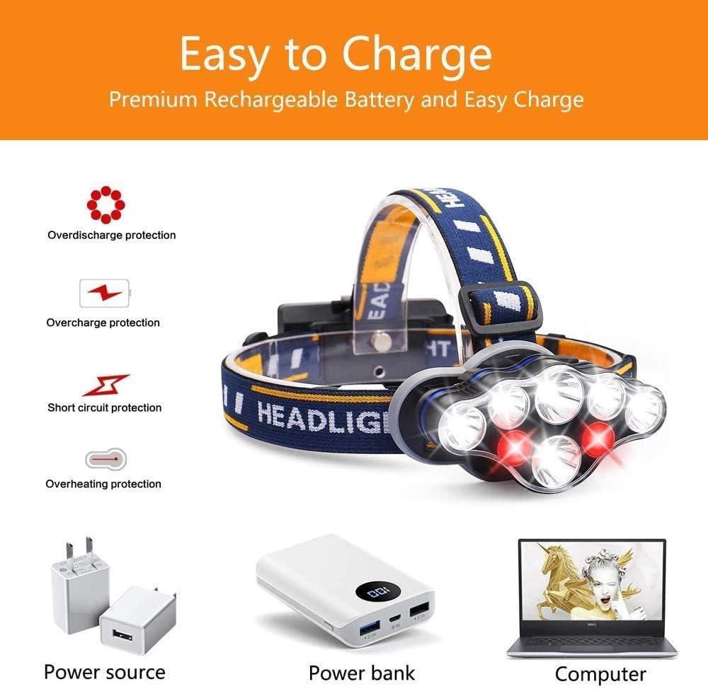 AOBISI Headlamp, 1300 Lumen 8 LED Headlight with White Red Lights, USB Rechargeable Waterproof Head Lamp, 8 Modes Headlamp Flashlight for Outdoor Camping, Cycling, Fishing, Running - - 