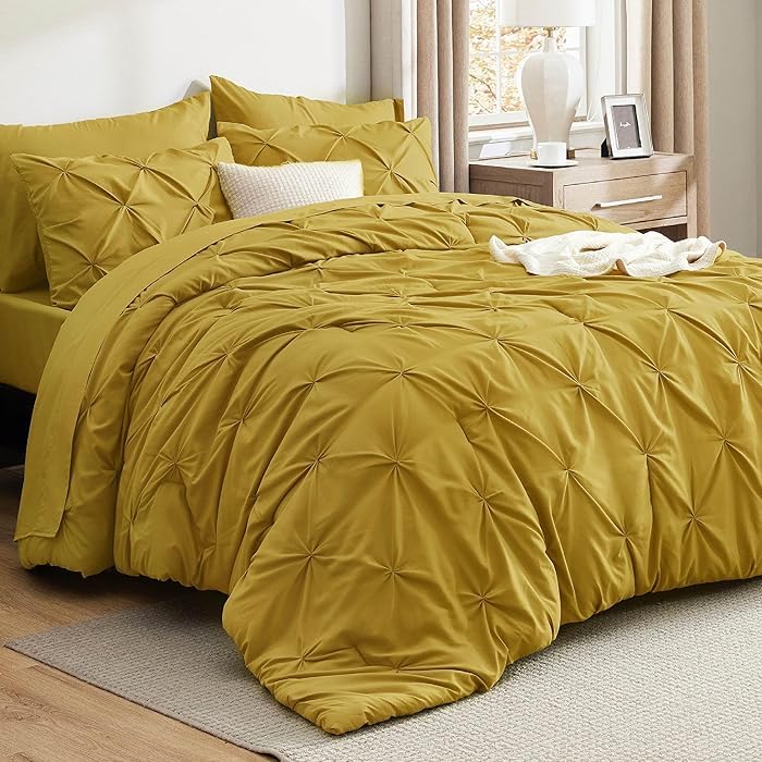 Comfort Collections Luxury Alford Alexander Pin Tuck Pinch Pleat Duvet Quilt Cover Reversible Diamond Bedding Set With Matching Pillowcases Mustard Double 200cm x 200cm Approximate