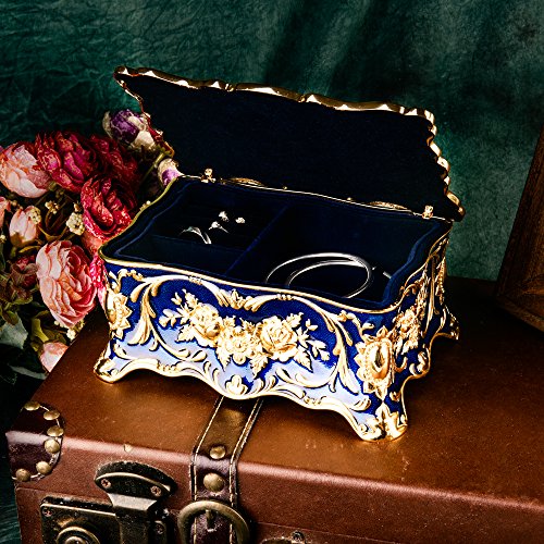 Feyarl Vintage Rectangle Trinket Box Jewelry Box Ornate Antique Finish Engraved with Two- Layer Organizer Box for Christmas Gift (Blue) 7.1 x 4.7 x 3.1 inches - Thumbnail 4