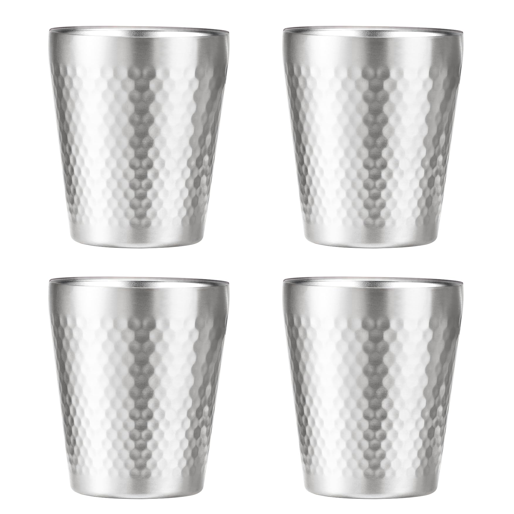 TIICOO Stainless Steel Cups 4 Packs 10oz/300ml Stackable Double Wall Insulated Metal Shatterproof Cups Titanium-Plated Diamond Textured Surface Heat Resistant Dishwasher Safe (Silver - 4 Packs)