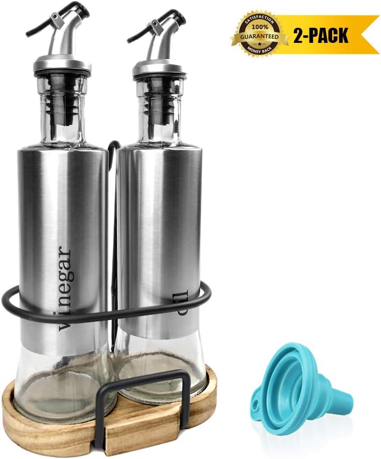 Oil and Vinegar Dispenser Set, Glass Olive Oil Vinegar Bottle Set with Stainless Steel Shell, 2-Pack 10.3 Oz[300ml] Oil & Vinegar Cruets with Drip-Free Pourers and Funnel for Easy Pouring