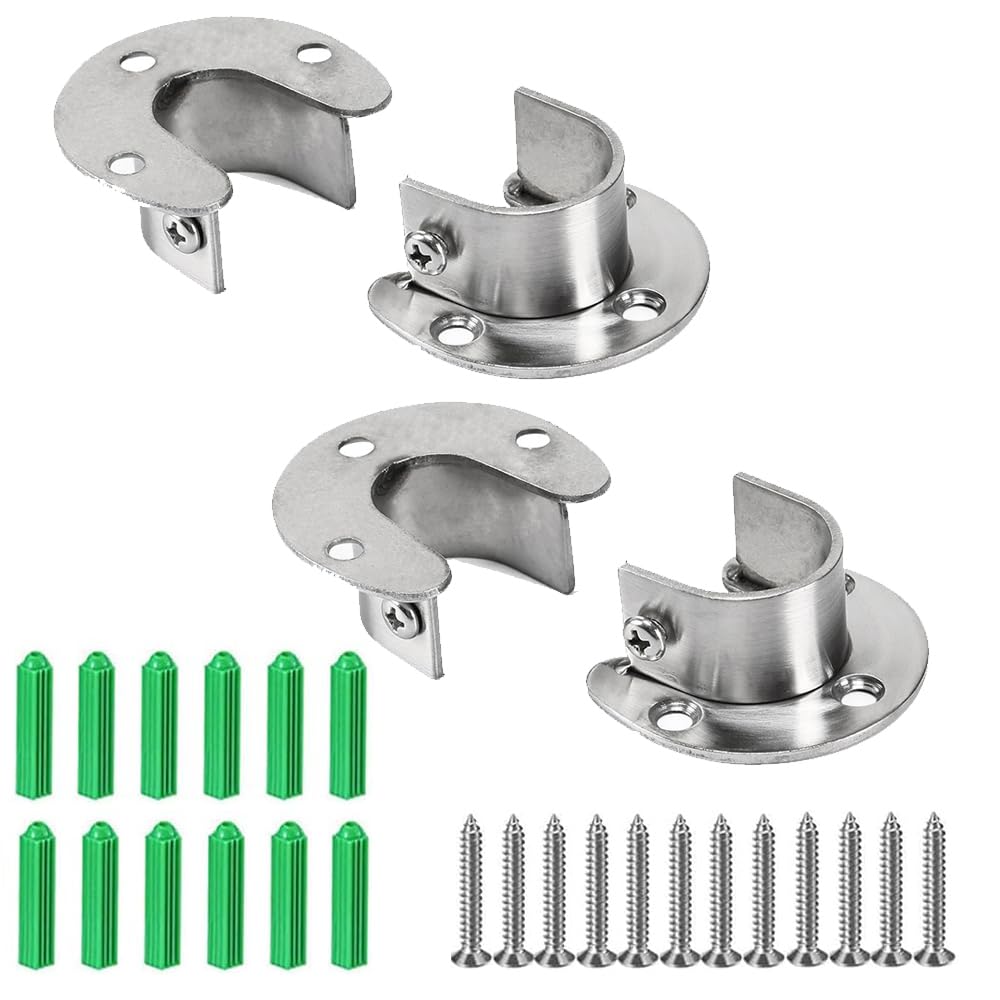Leliafleury 4 Pack Flange Rod Holder 32mm Stainless Steel Pole Sockets Wardrobe Pole Brackets Closet Rod End Supports for Wardrobe Bathroom Kitchen (Silver)