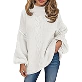 Saodimallsu Womens Oversized Cable Knit Sweater Chunky Mock Neck Long Lantern Sleeve Fall Trendy Tunic Sweaters Top