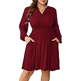 Baosuu Plus Size Dresses Womens Casual Elastic Waist Long Sleeve V Neck Midi Flowy Dress with Pockets