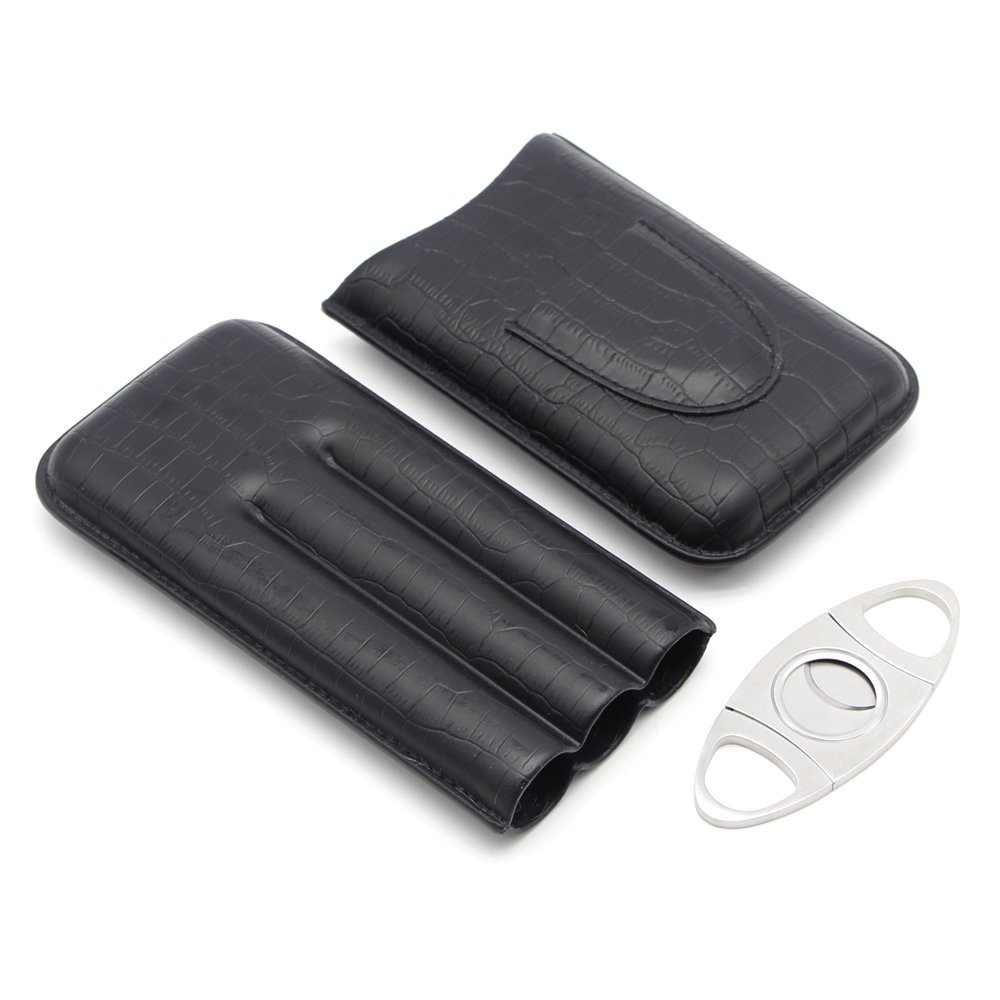 GALINER 3ct Cigar Case, Genuine Leather Cigar Travel Case Humidor with Cigar Cutter (Black)