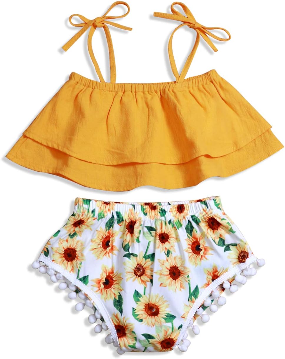Baby Girl Clothes Sunflower Floral Backless Romper Tassel Top + Dot Short Summer Outfits Set