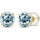 Solid 14K Yellow or White or Rose Gold 6mm Round Genuine Birthstone Gemstone Prong Set Stud Earrings For Women