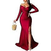Vakkest Women's Off Shoulder Prom Evening Gowns Sexy High Split Maxi Dress Long Sleeve Cocktail Wedding Guest Dresses