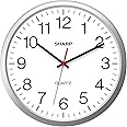 SHARP Wall Clock – Silver, Silent Non Ticking 14 Inch Quality Quartz Battery Operated Round Easy to Read Home/Kitchen/Office/Classroom/School Clocks, Sweep Movement