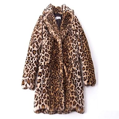LoveLeiter Womens Jacke Leopard Print Kunstpelz Winter Revers Wollmantel Trench Langarm Mantel Outwear Damen Slim Parka Trenc