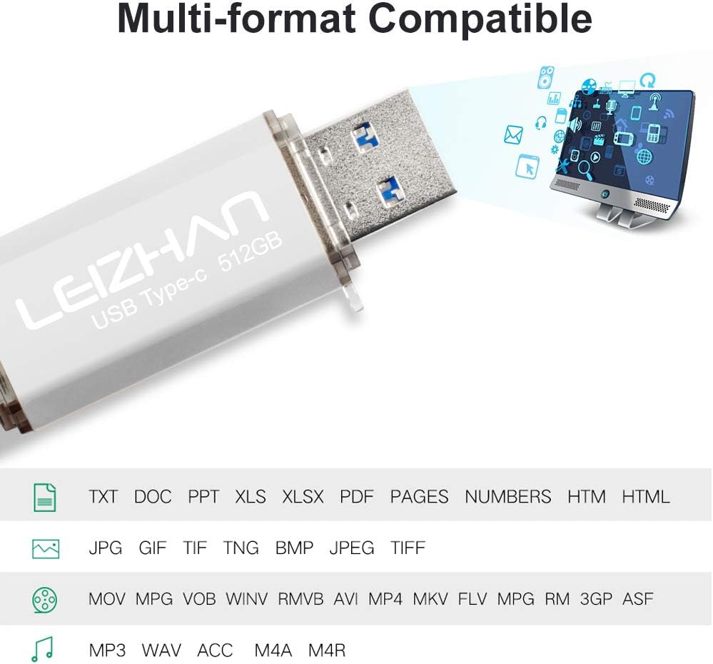 leizhan 512GB USB 3.0 Flash Drive Thumb Drives Jump Drive USB Memory Stick Type-C/USB-A 2 in 1 - Silver, 512 GB - Image 5