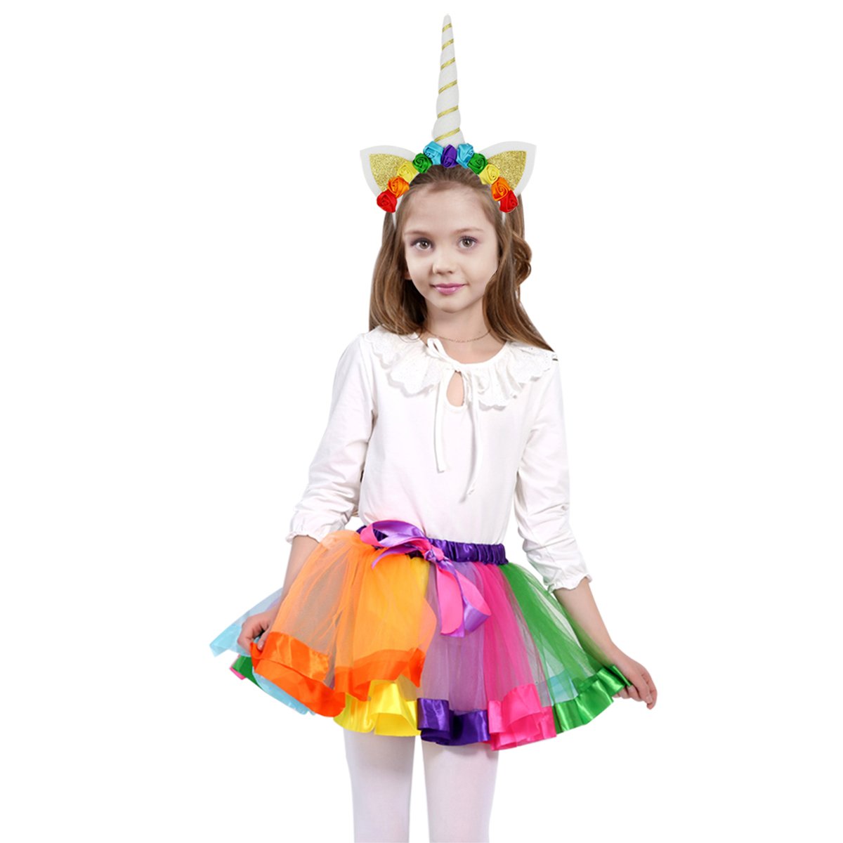 Rocita Girls\' Rainbow Tutu Skirt Colorful Pleated Gauzy Princess Dress With Unicorn Cat Ear Hair Clasp (Rainbow, L)