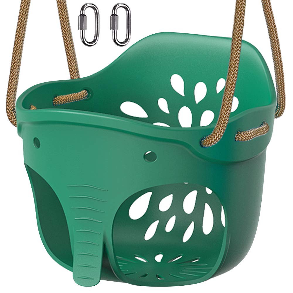 BeneLabel Swing Seat, Kids Soft Plastic Bucket Swings Indoor/Outdoor Child Tree Swinging with High Back & Adjustable 130-200cm Rope for 1-3 Years Toddler/Baby, Green Elephant / 600lbs