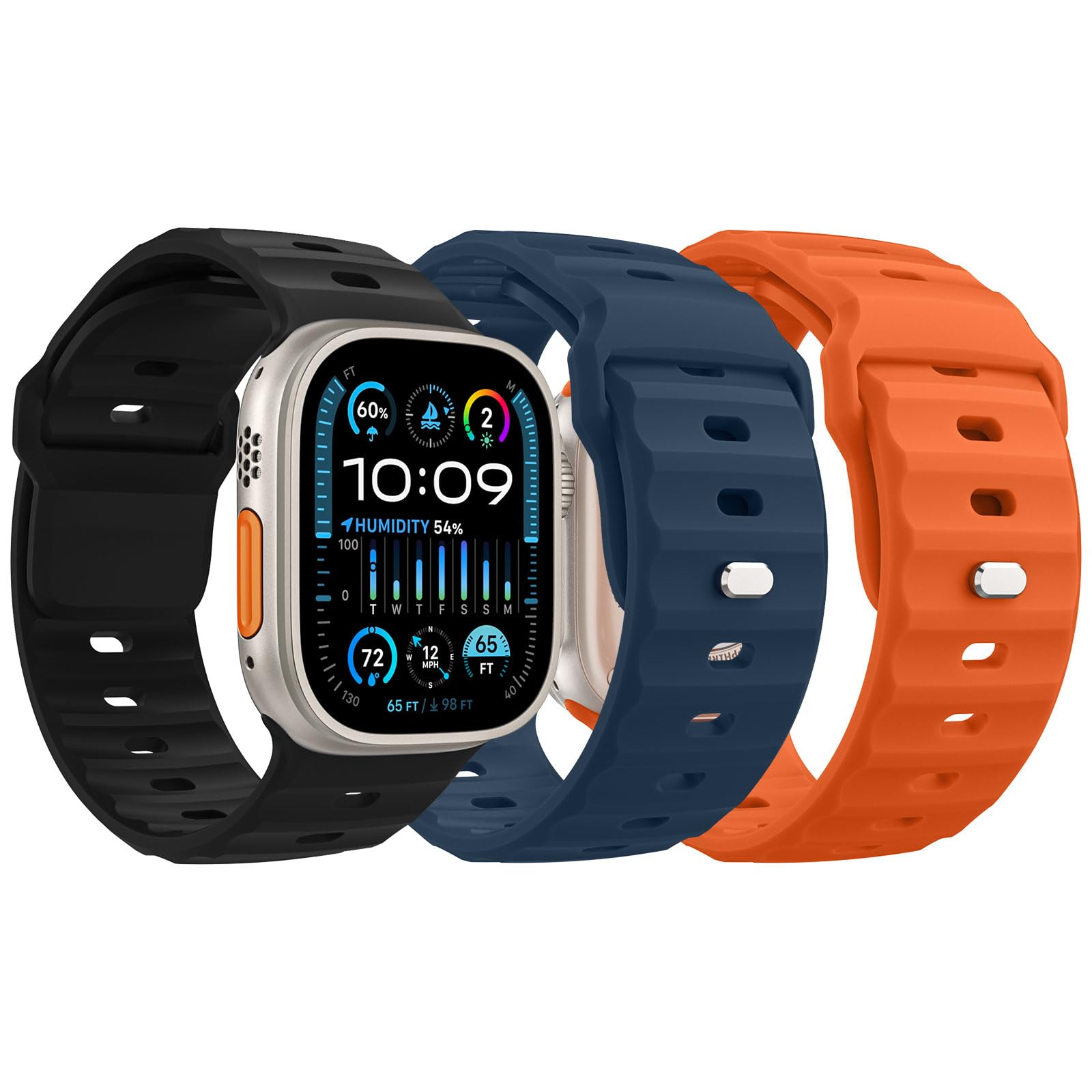 MoKo 3Pack Ocean Band Compatible with Apple Watch Ultra 3/2/1 49mm,S11/S10 46mm,9/8/7 45mm,SE3/SE2/SE/6/5/4 44mm,3/2/1 42mm, Silicone Replacement Strap Sport Wrist Band for Men Women,B/O/D