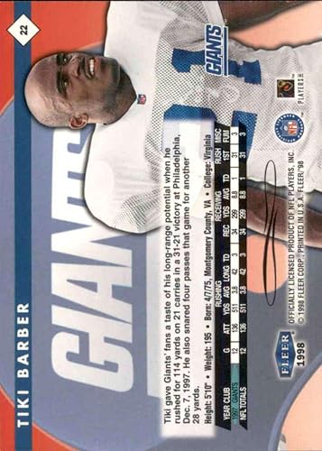 Amazon Com Football Nfl 1998 Fleer Tradition 22 Tiki Barber