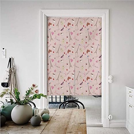 Amazon パリ のれん おしゃれ 遮光 幅85cm 丈170cm フランス国旗コーヒークロワッサンファッション靴ワインハート香水人気アイコン雲デザイン装飾 和風暖簾べ麻風キチンリビングロングカーテン ローズ のれん オンライン通販