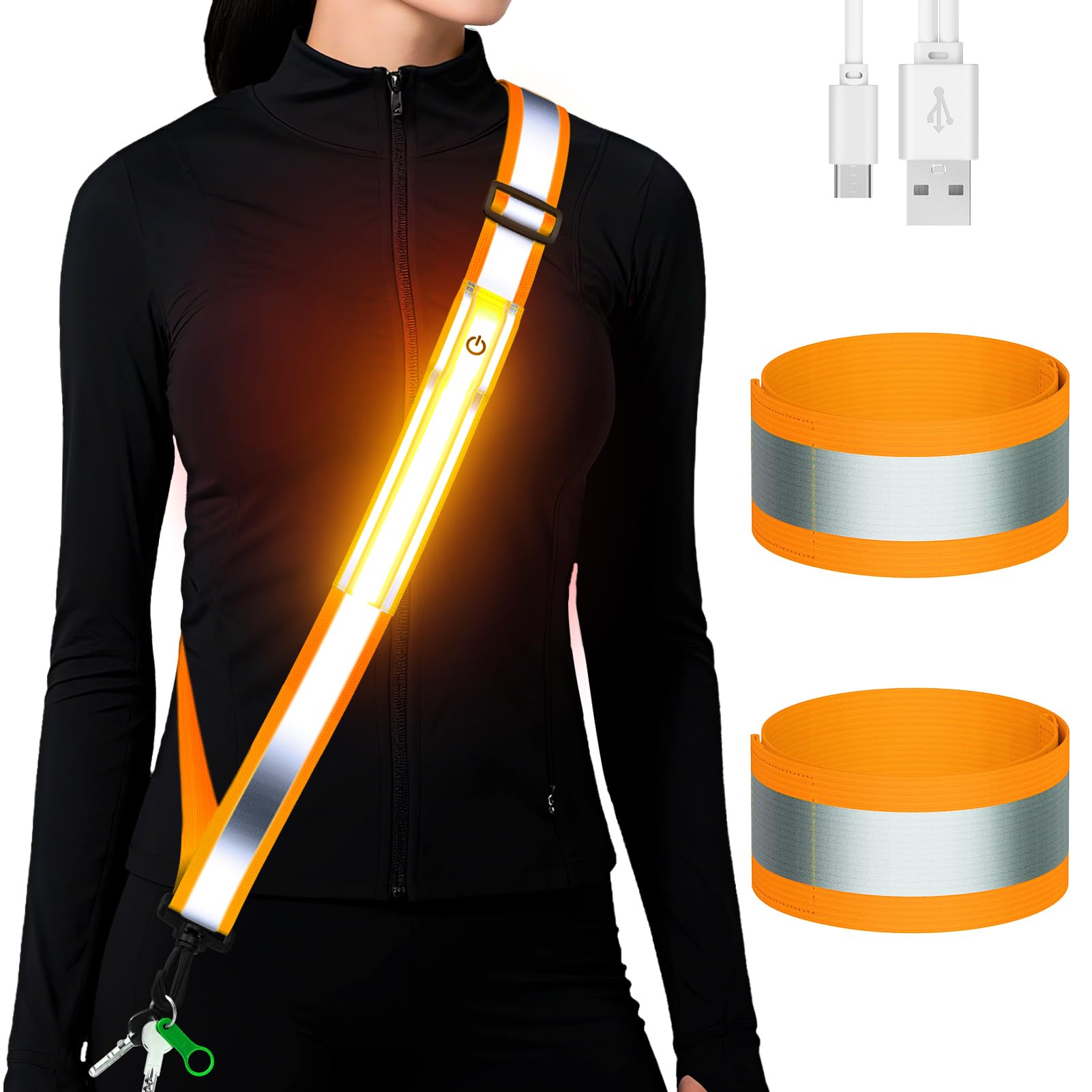 LED Reflective Running Gear High Visibility Reflective Belt Sash with Armband for Walking at Night,Adjustable Running Safety Gear Light Up Running Belt for Runners Walkers Men Women (Orange)