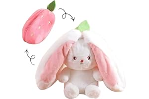 Mukorolee Bunny Plush Doll Toy Pillow, Reversible Carrot Strawberry Bunny Stuffed Animal with Zipper, Cute Rabbit Decoration for Kids & Adult Birthday Party Gift (1pcs 7" Strawberry)