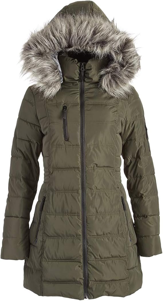Nautica Women's 3/4 Puffer With Faux Fur Trimmed Hood Down Alternative