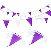 LUSEOAN 100Ft Purple and White Pennant Banner Flags String Fabric Triangle Bunting Flag,Party Decorations for Wedding,Kids Birthday,Home Outdoor Garden Hanging Festivals Decoration,60 Pcs