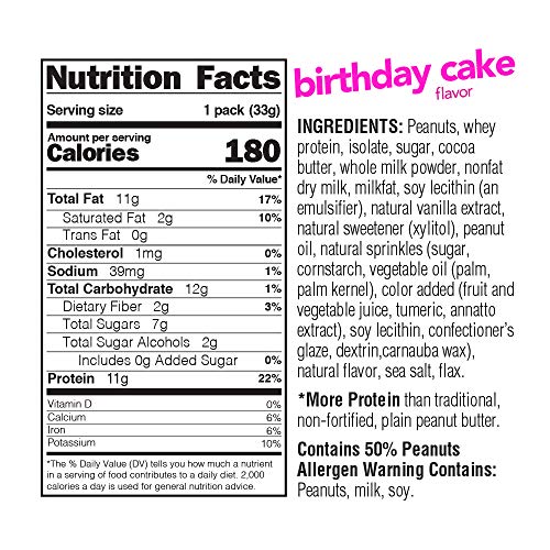 Nuts 'N More Birthday Cake Peanut Butter Spread, All Natural High Protein Nut Butter Healthy Snack, Omega 3's and Antioxidants, Low Carb, Low Sugar, Gluten Free, Non GMO, No Preservative,1.1oz 10-pack