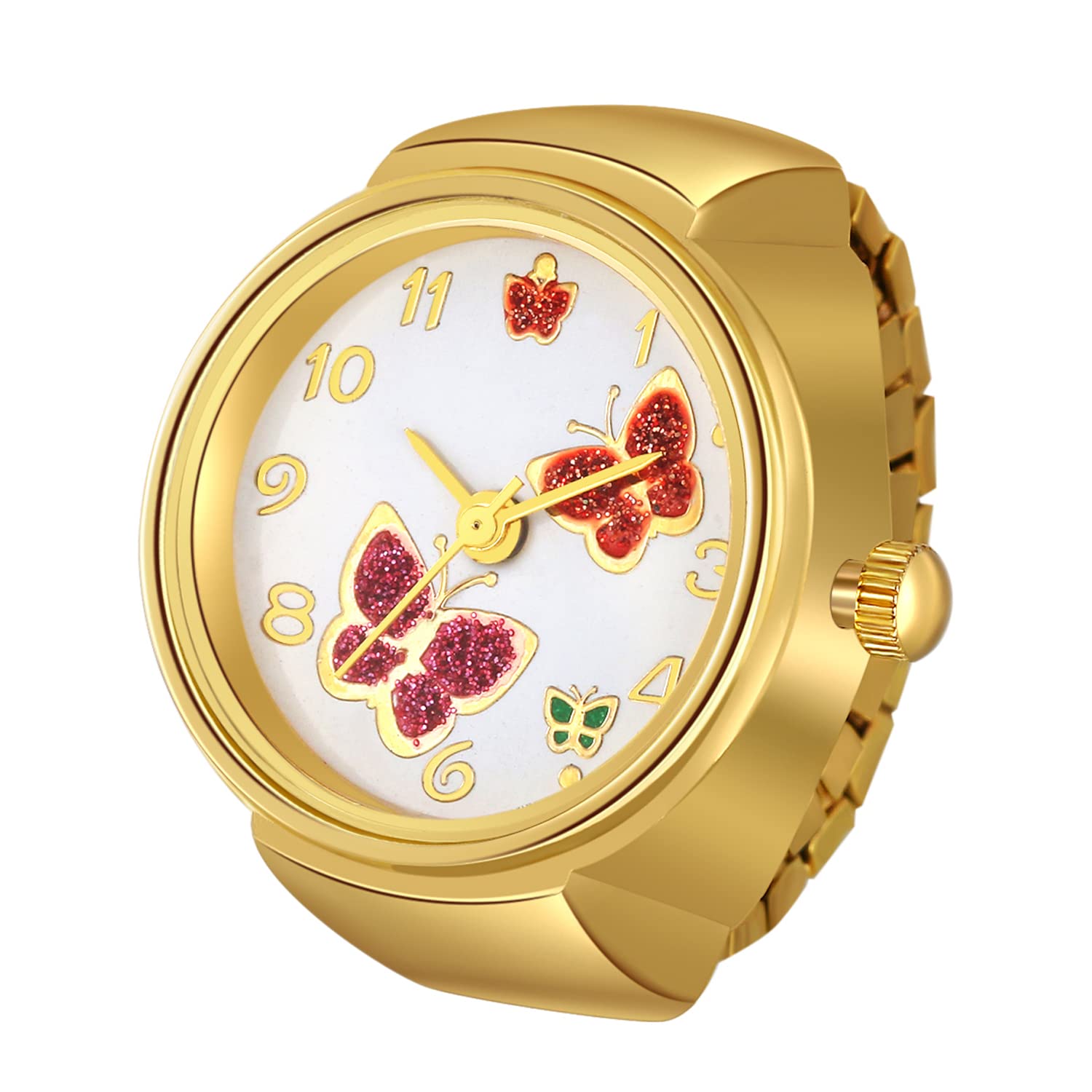 JewelryWe Men Women Finger Watches Gold Plated Elastic Watch Rings Smple Round Quartz Ring Watches